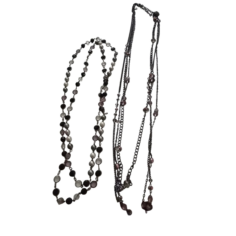 Lot of 2 Long Beaded Necklaces Faux Pearl Gunmetal‎ Multi Strand Fashion Jewelry